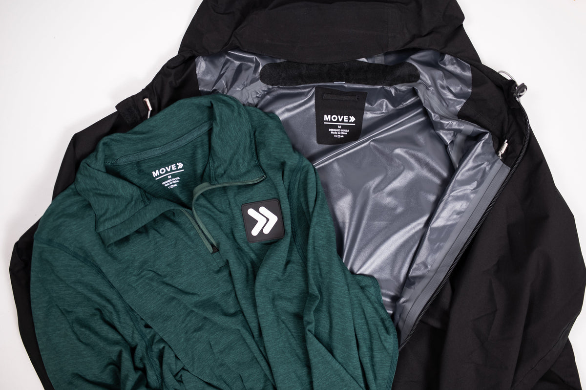Original MOVE Sport Apparel men’s waterproof jacket showing garment construction details.