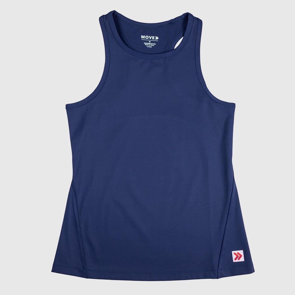 Front view of MOVE Sport Apparel Pure Stretch Full Length Tank Top in Maritime Blue with the original red-and-white hem tab.