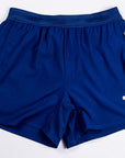 MOVE sport apparel men's royal blue running shorts with breathable waistband, zippered pocket, and white logo detail.