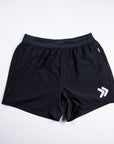 MOVE sport apparel men's black running shorts with a breathable waistband, zippered pockets, and white logo detail.