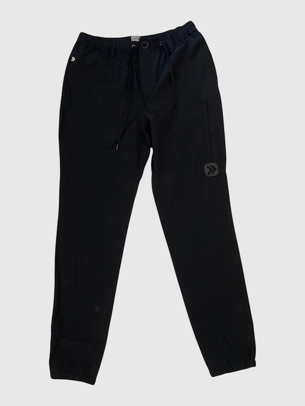 MOVE sport apparel men's black ripstop joggers with five pockets, elastic waistband, and drawstring closure.