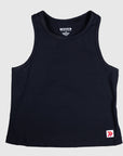 MOVE sport apparel women's black cropped tank top with a high neckline and small red logo patch on the hem.