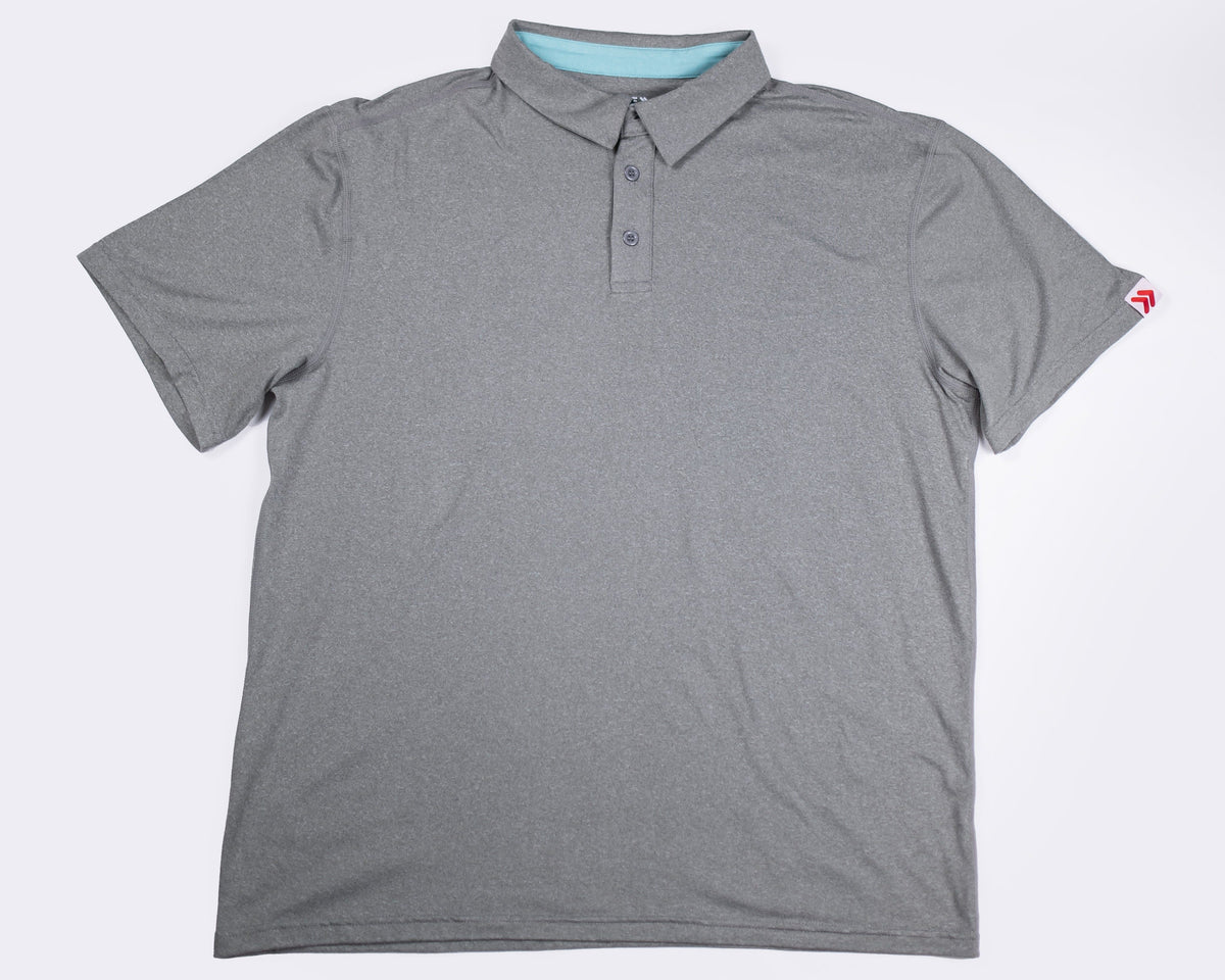 MOVE Sport Apparel Essential Polo Shirt. Heather Classic Gray polo laid flat, front view.