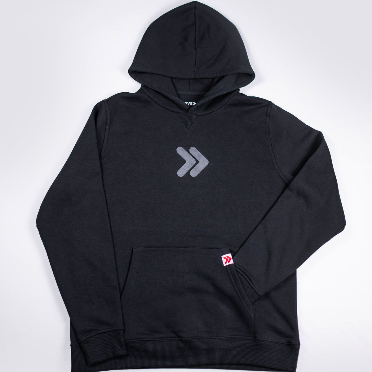 Black MOVE Sport Apparel Logo Hoodie with the original grey centered chest embellishment, kangaroo pocket and sleeve cuff tab.