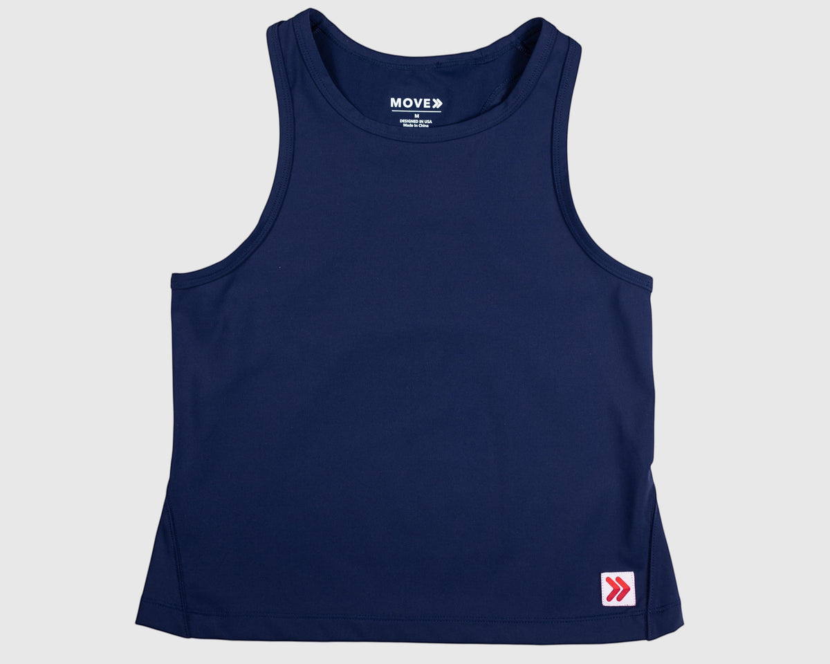 MOVE sport apparel navy blue cropped tank top with a high neckline and small logo patch for fitness and workouts.