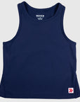 MOVE sport apparel navy blue cropped tank top with a high neckline and small logo patch for fitness and workouts.