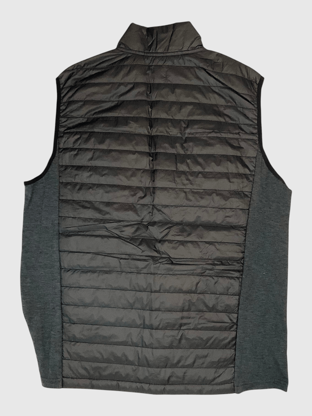 MOVE sport apparel men's lightweight black down vest with breathable side panels and quilted design, back view