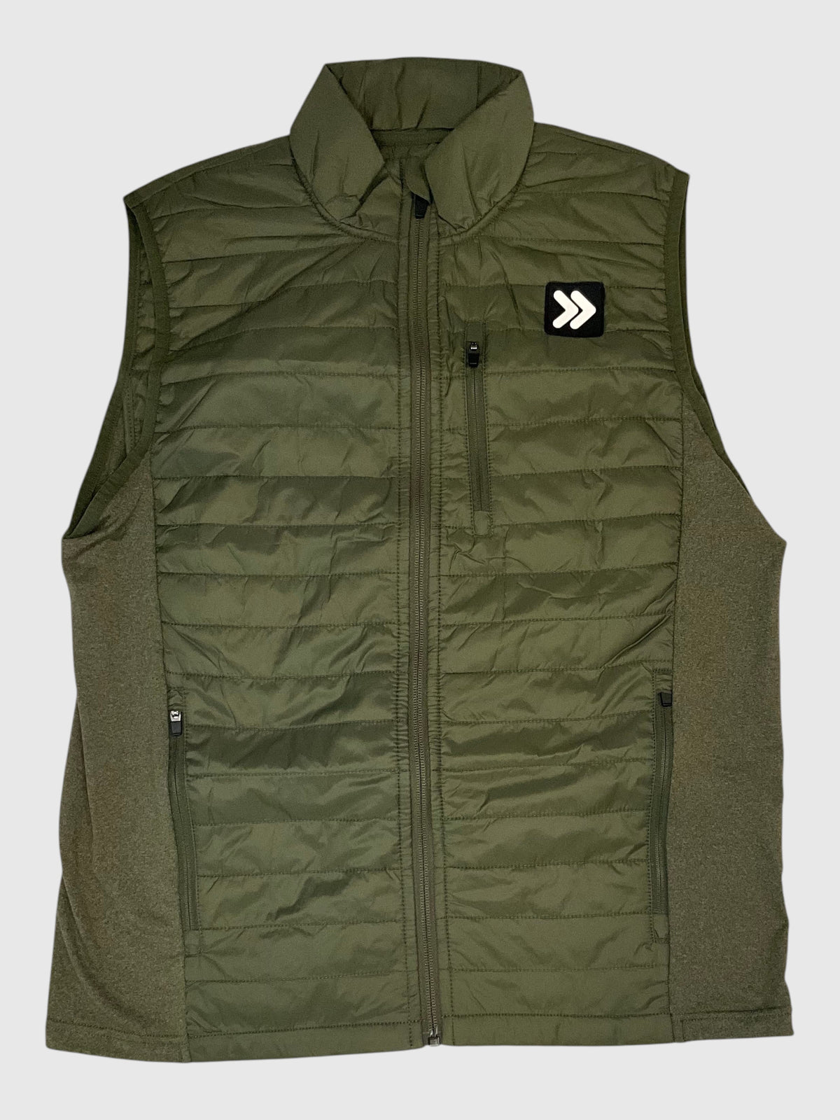 MOVE sport apparel men's olive green lightweight down vest with zip pockets and breathable side panels