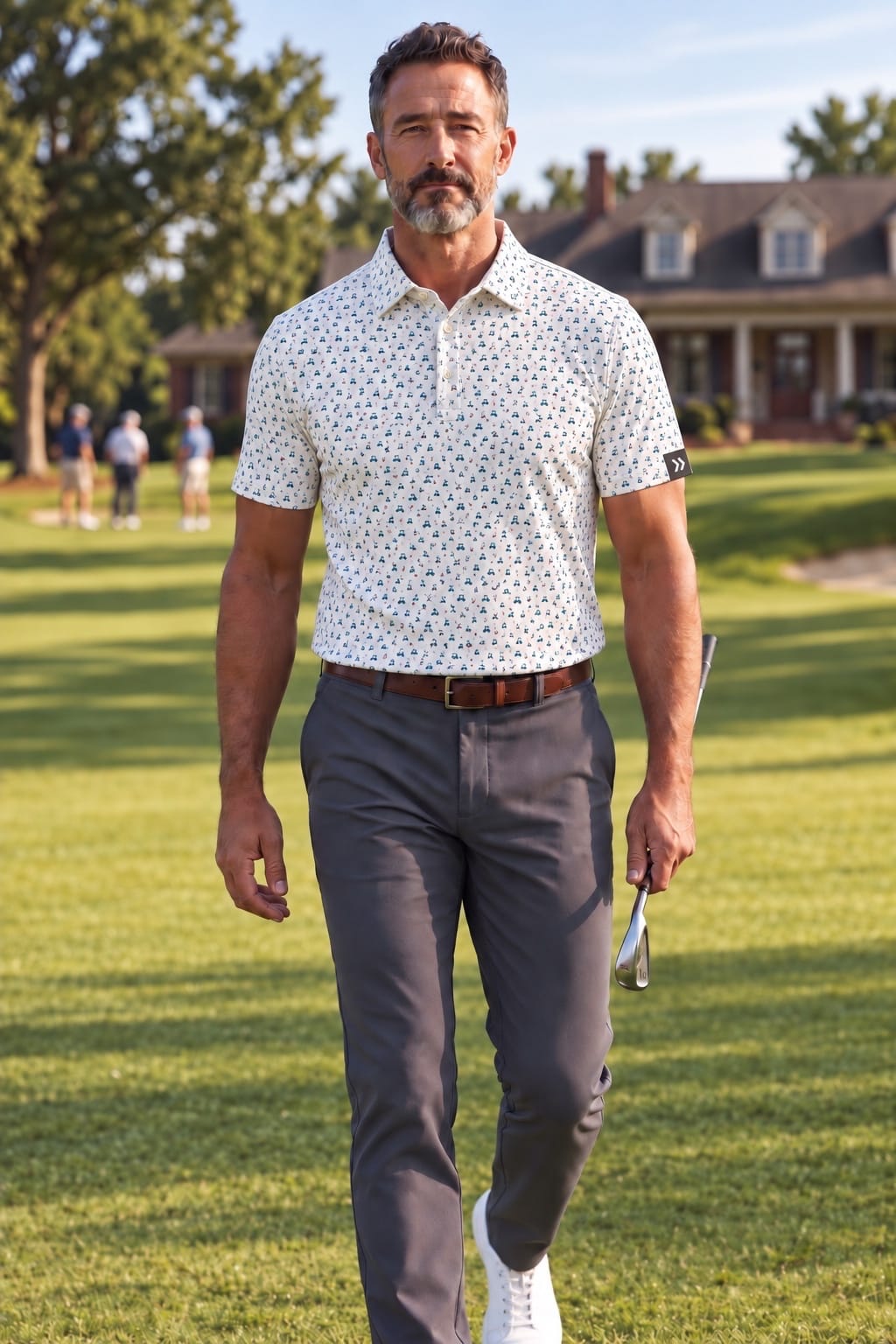 MOVE Sport Apparel Men’s Clubhouse Golf Polo in On Par print, front view worn by an adult man walking on a golf course.