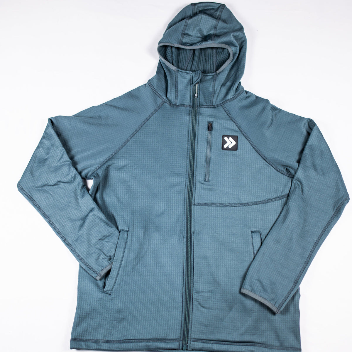 Front flat-lay view of the MOVE Sport Apparel men’s waffle hooded jacket in Balsam Green.