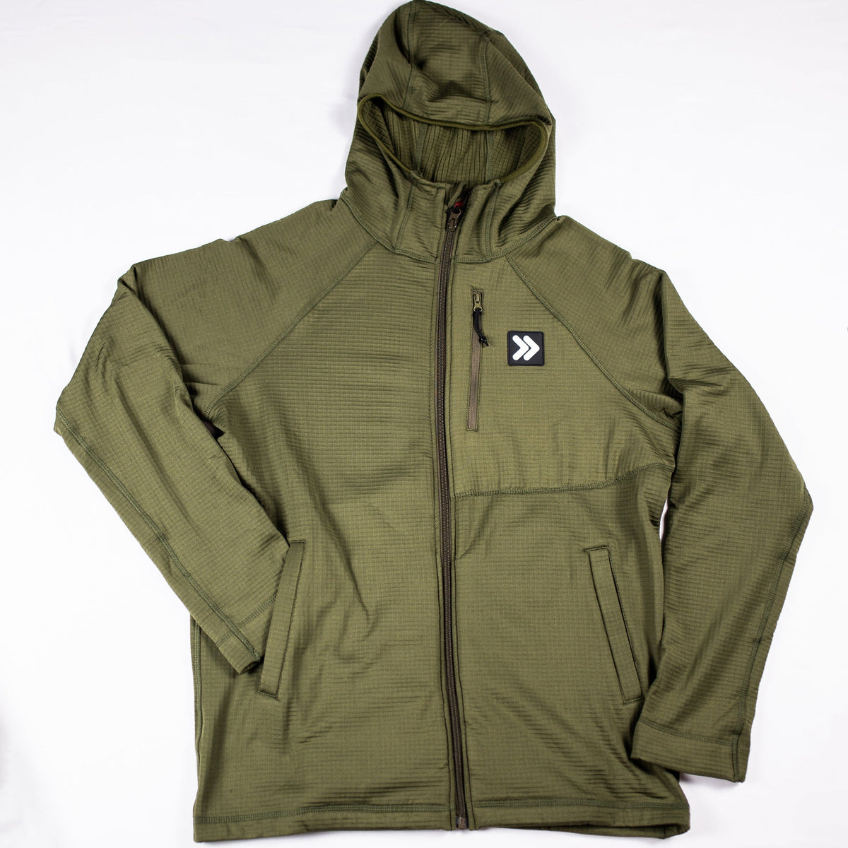 Front flat-lay view of the MOVE Sport Apparel men’s waffle hooded jacket in Winter Moss.