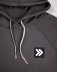 MOVE sport apparel charcoal grey waffle-knit pullover hoodie with adjustable hood, raglan sleeves, and chest logo patch