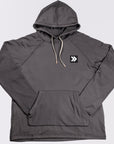 MOVE sport apparel charcoal grey waffle-knit hoodie with raglan sleeves, adjustable hood, and front kangaroo pocket.