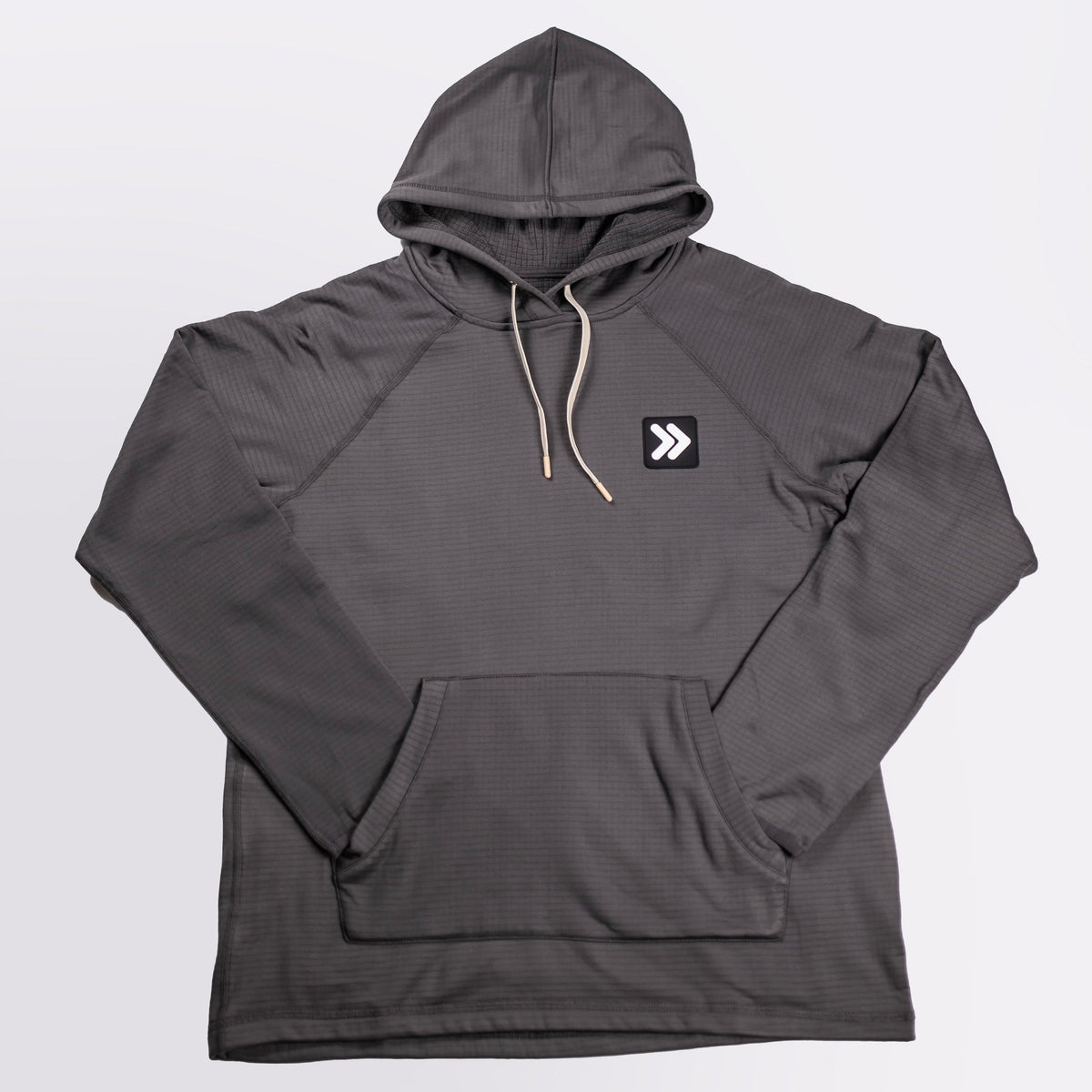 MOVE sport apparel charcoal grey waffle-knit hoodie with raglan sleeves, kangaroo pocket, and adjustable hood.