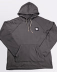 MOVE sport apparel charcoal grey waffle-knit hoodie with raglan sleeves, kangaroo pocket, and adjustable hood.
