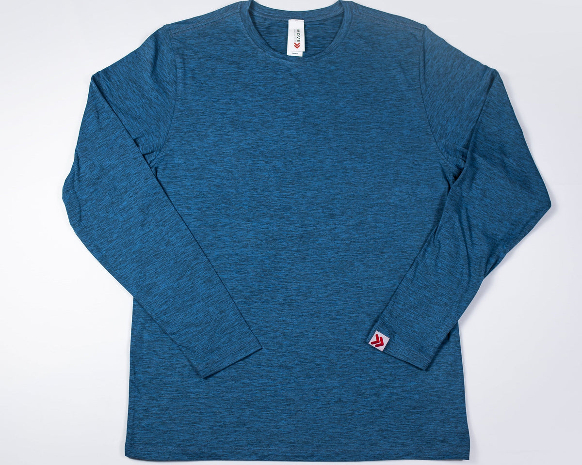 MOVE Sport Apparel Men’s Essential Long Sleeve in Blue Mirage laid flat with both long sleeves visible.