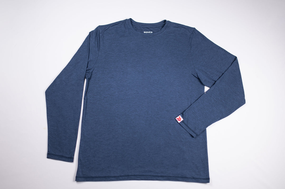 MOVE Sport Apparel Men’s Essential Long Sleeve in Pageant Blue laid flat, showing the crew neckline and long sleeves.