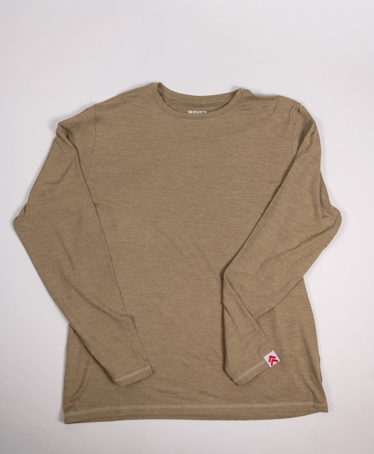 MOVE Sport Apparel Men’s Essential Long Sleeve in Smokey Olive laid flat with the crew neckline and cuff label visible.