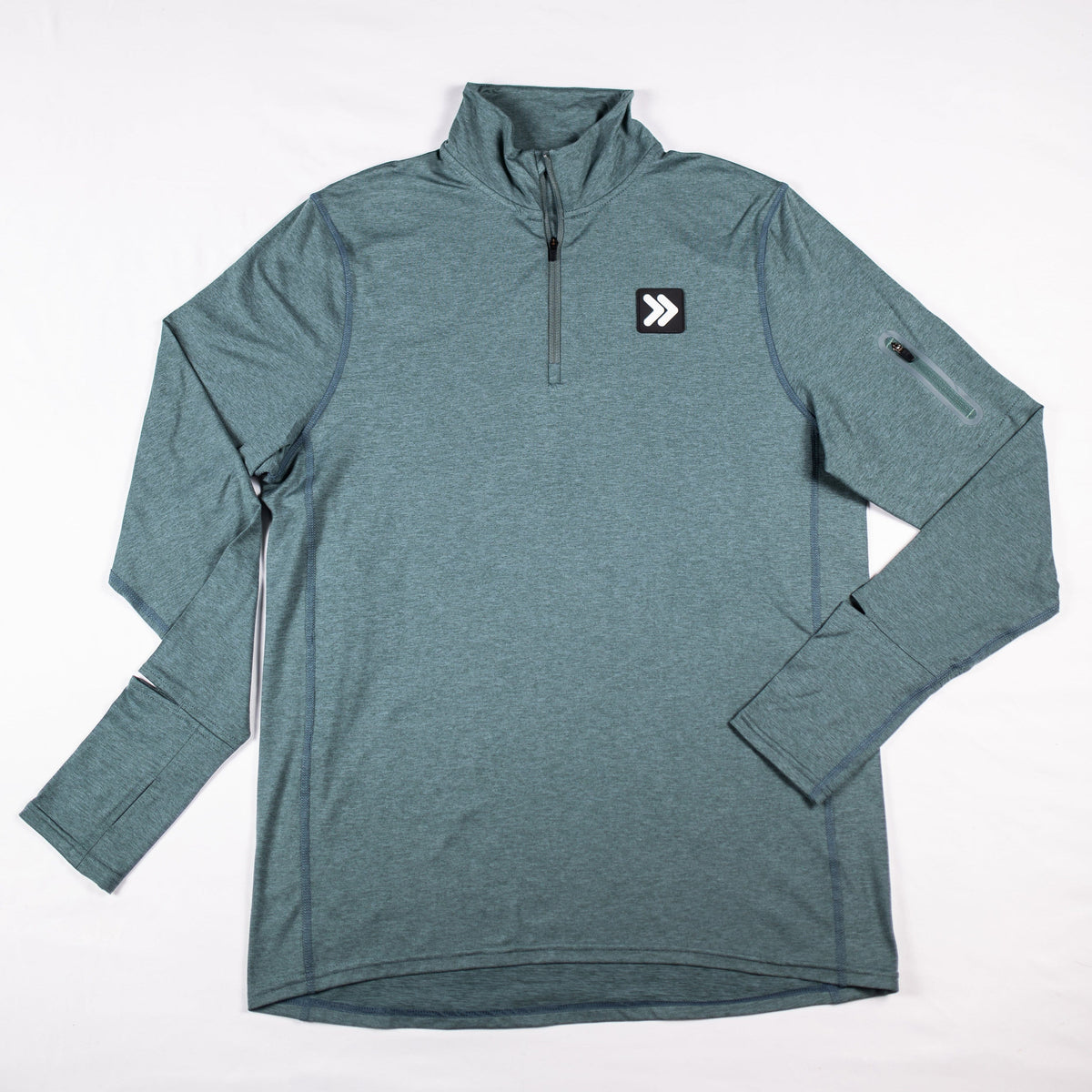 Front flat-lay view of the Balsam Green MOVE Sport Apparel men’s Essential Quarter Zip Pro.