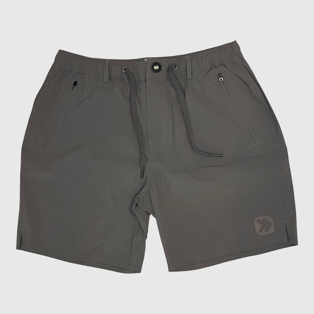 Front flat lay of the Granite Gray men’s Ripstop Shorts with zippered pockets and original tonal embellishment.