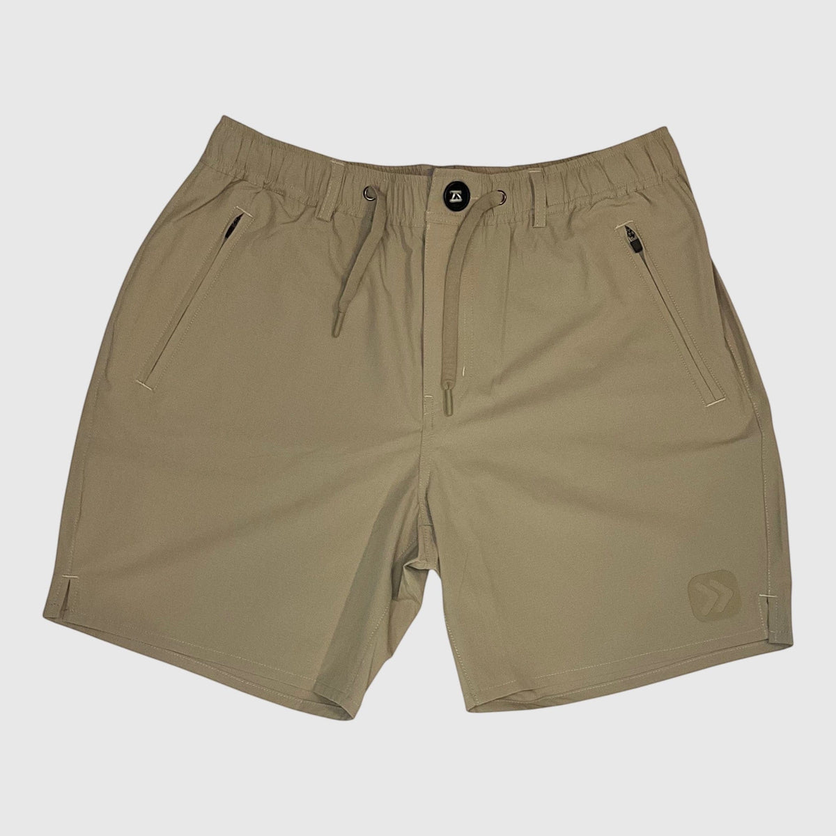 Front flat lay of the Khaki men’s Ripstop Shorts with drawstring waist and zippered pockets.