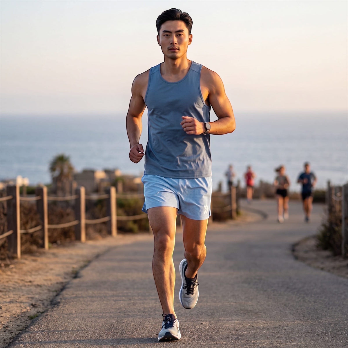 MOVE Sport Apparel Men’s Lightweight Athletic Running Shorts in Mountain Bluebird blue, worn by an adult man running on a coastal path.