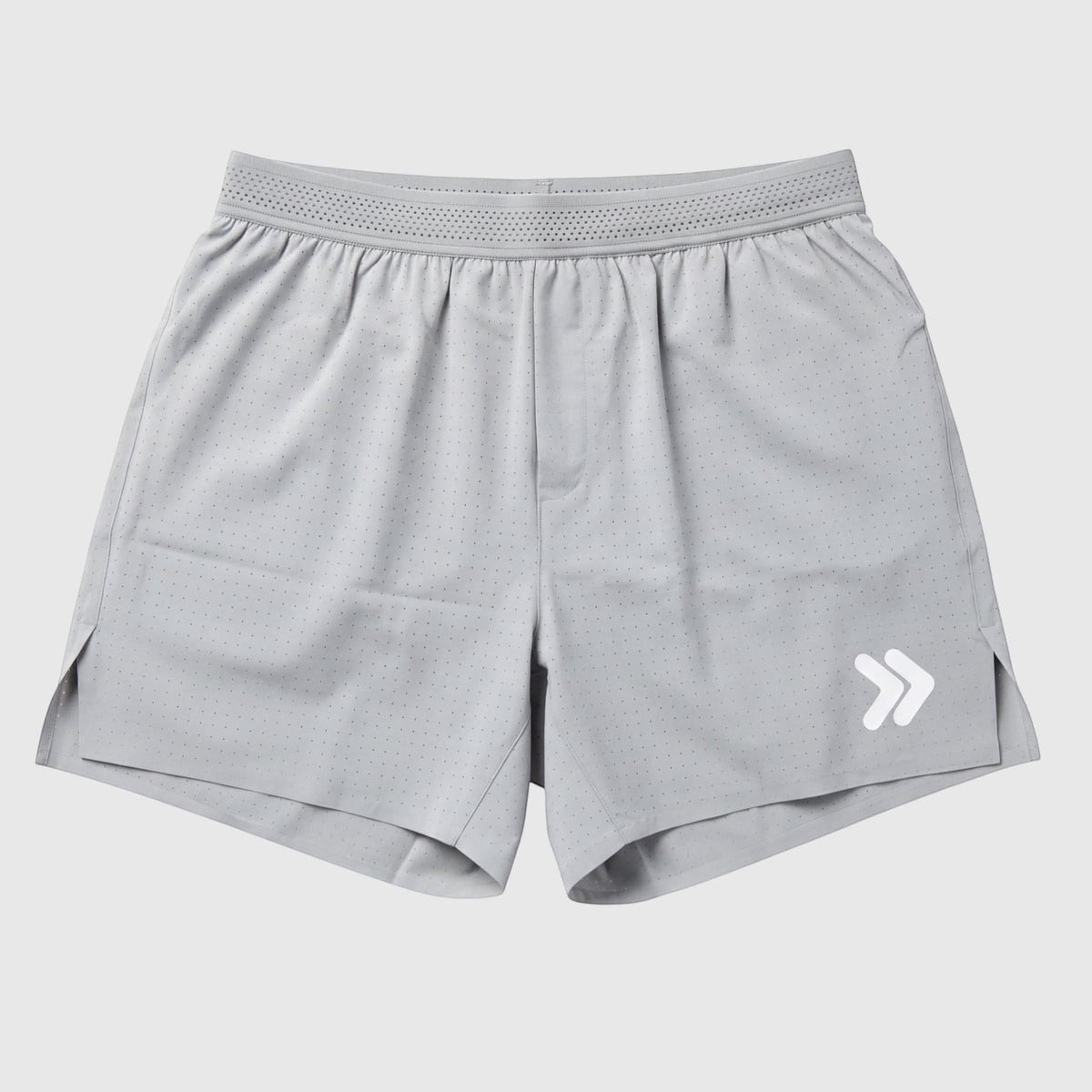 MOVE Sport Apparel Men’s Lightweight Athletic Running Shorts in Northern Droplet gray, front view with original leg embellishment.