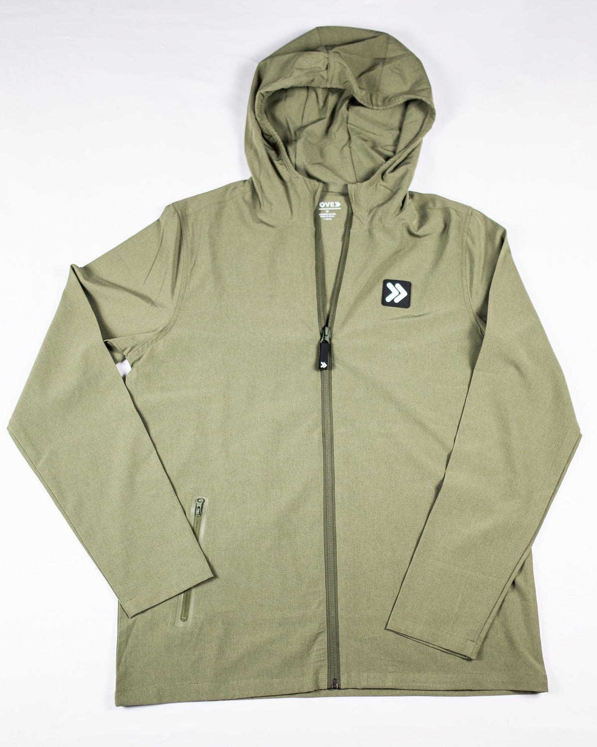 MOVE Sport Apparel men’s Soft Shell Jacket: Cactus hooded jacket front view with full zipper and MOVE chest patch.
