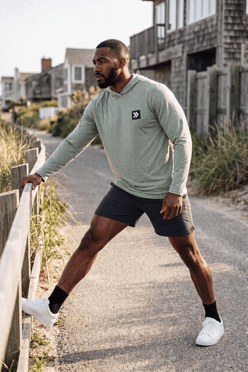 Man stretching beside a coastal running path in the Seagrass MOVE Sport Apparel men’s Essential Lightweight Sun Hoodie and plain charcoal shorts; original black-and-white chest embellishment retained.