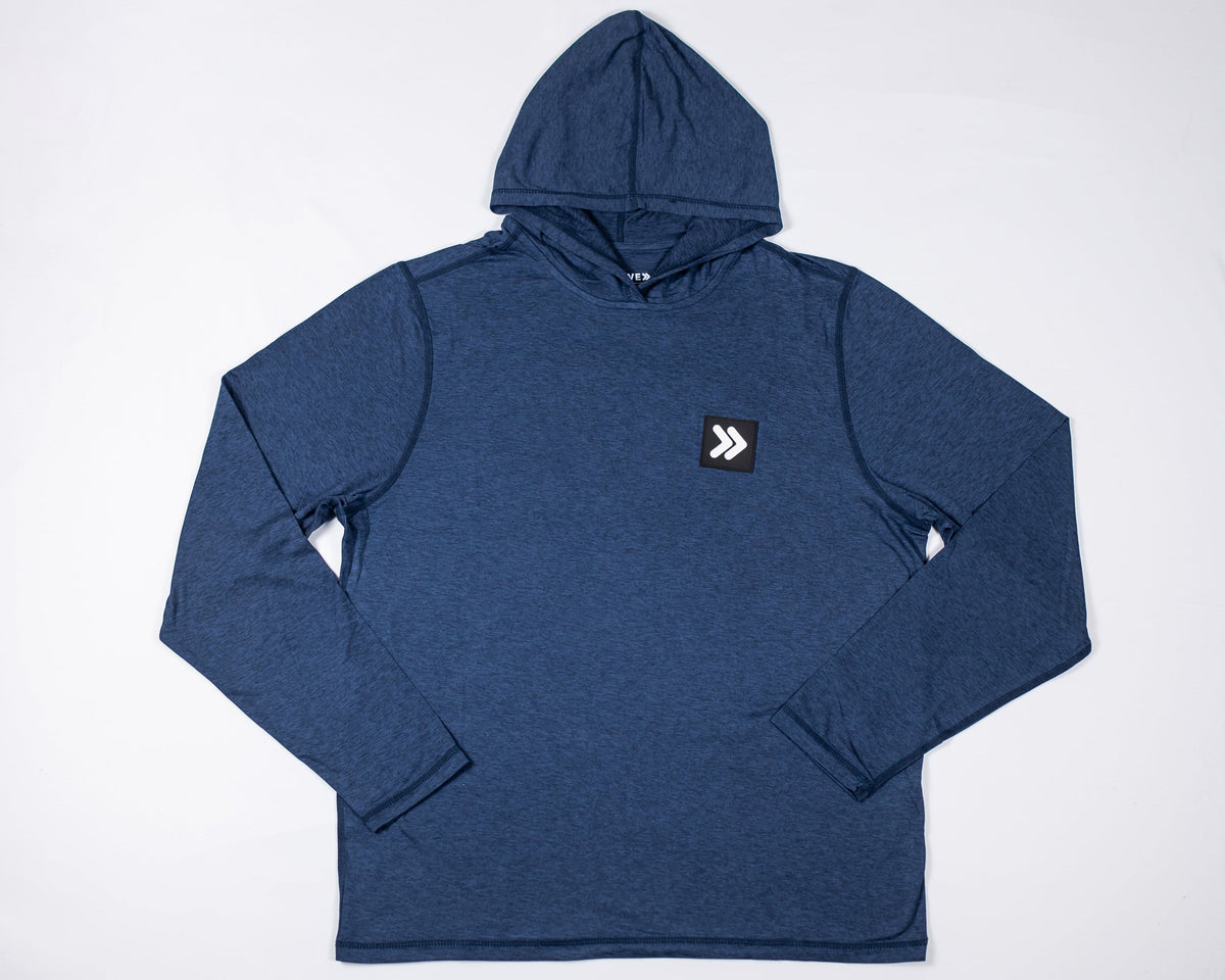 Front view of the Pageant Blue MOVE Sport Apparel men’s Essential Lightweight Sun Hoodie.