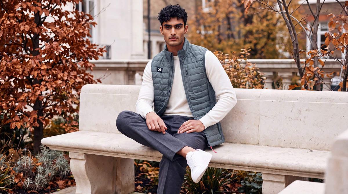 Man wearing the grey-green MOVE Sport Apparel Men’s down vest over an ivory long-sleeve top, seated on a stone bench beside autumn trees and architecture.