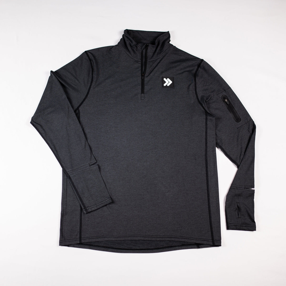 Front flat-lay view of the Heather Black MOVE Sport Apparel men’s Essential Quarter Zip Pro.
