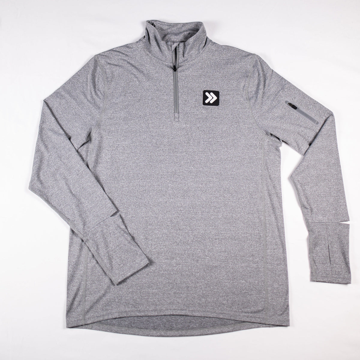 Front flat-lay view of the Heather Classic Gray MOVE Sport Apparel men’s Essential Quarter Zip Pro.