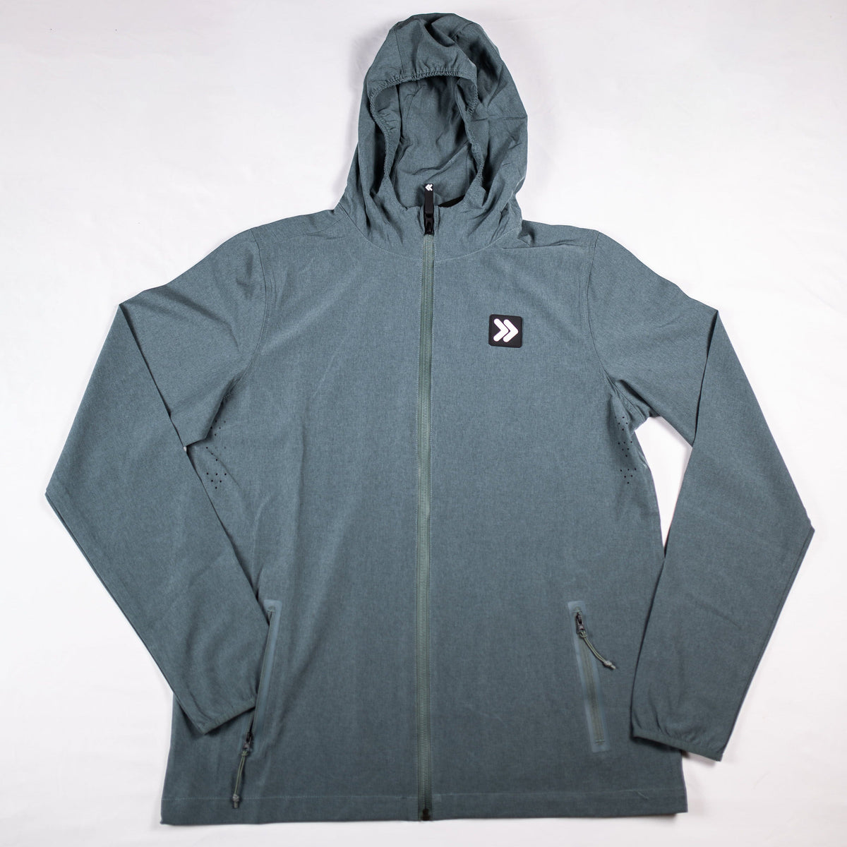 MOVE Sport Apparel men’s Soft Shell Jacket: Balsam Green hooded jacket full front view.