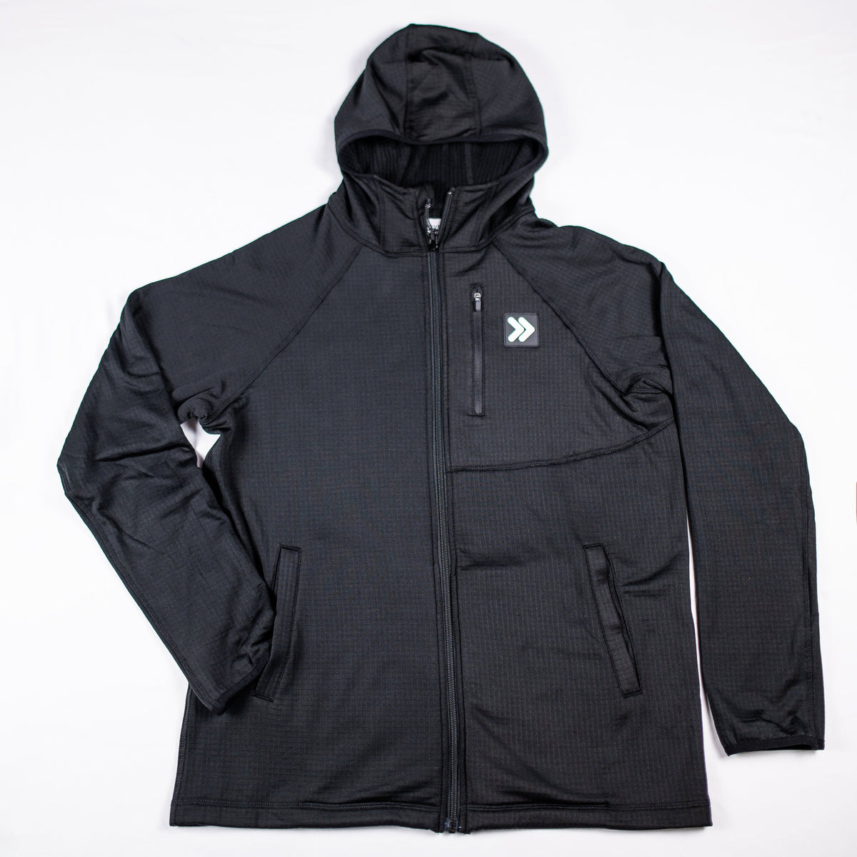 Front flat-lay view of the MOVE Sport Apparel men’s waffle hooded jacket in Black.