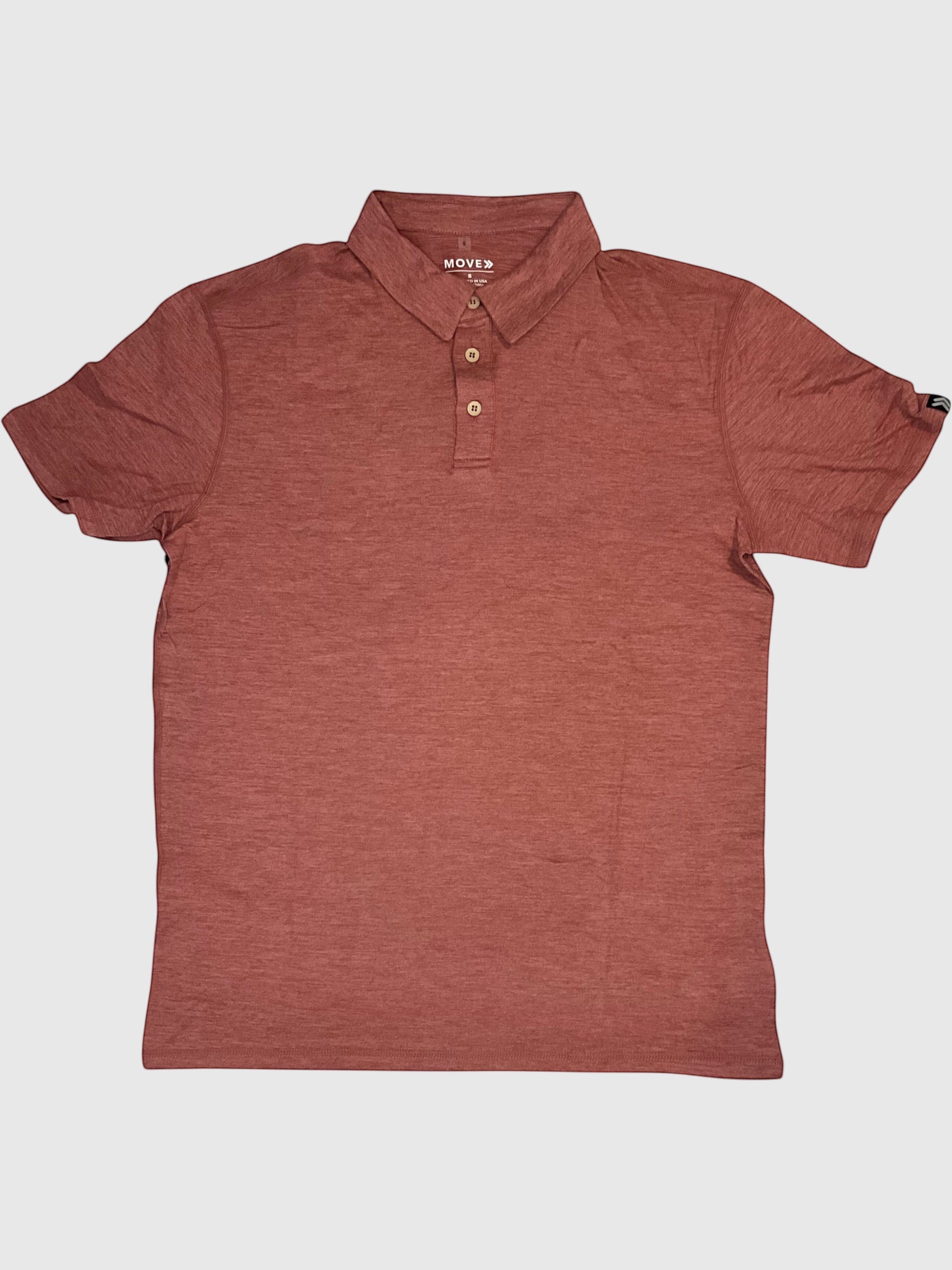 MOVE sport apparel Essential Polo Shirt in a heathered terracotta red moisture-wicking performance fabric