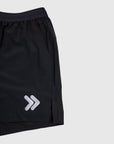 MOVE sport apparel black 6 inch agility training shorts with white chevron logo and side slit detail