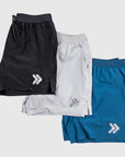 MOVE sport apparel Agility 6 inch training shorts in black, light grey, and blue with reflective logo and side vents