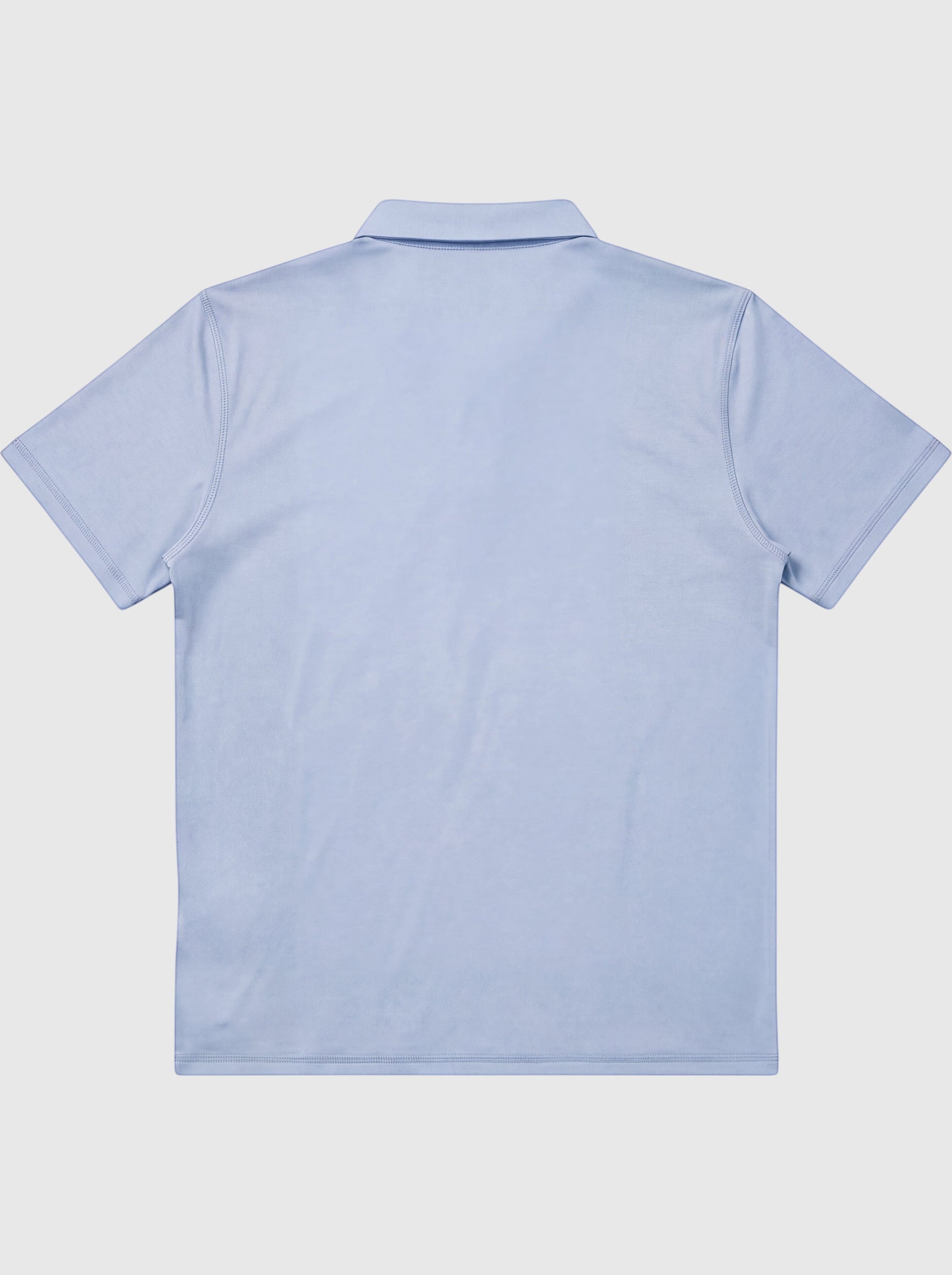 Back view of a light blue MOVE sport apparel Essential Polo Shirt made from moisture-wicking performance fabric.