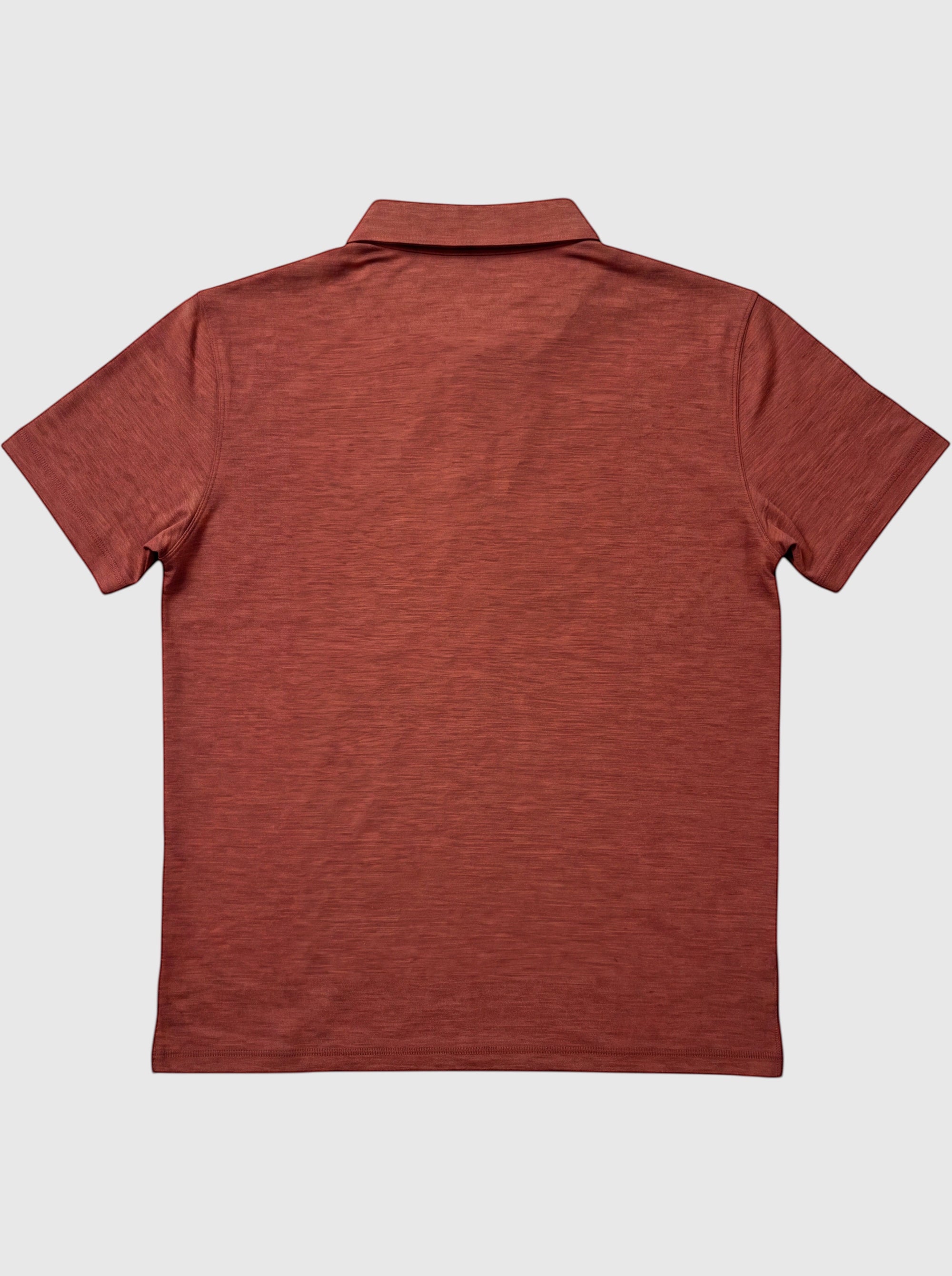Back view of MOVE sport apparel Essential Polo Shirt in a heathered rust red moisture-wicking fabric