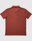 Back view of MOVE sport apparel Essential Polo Shirt in a heathered rust red moisture-wicking fabric