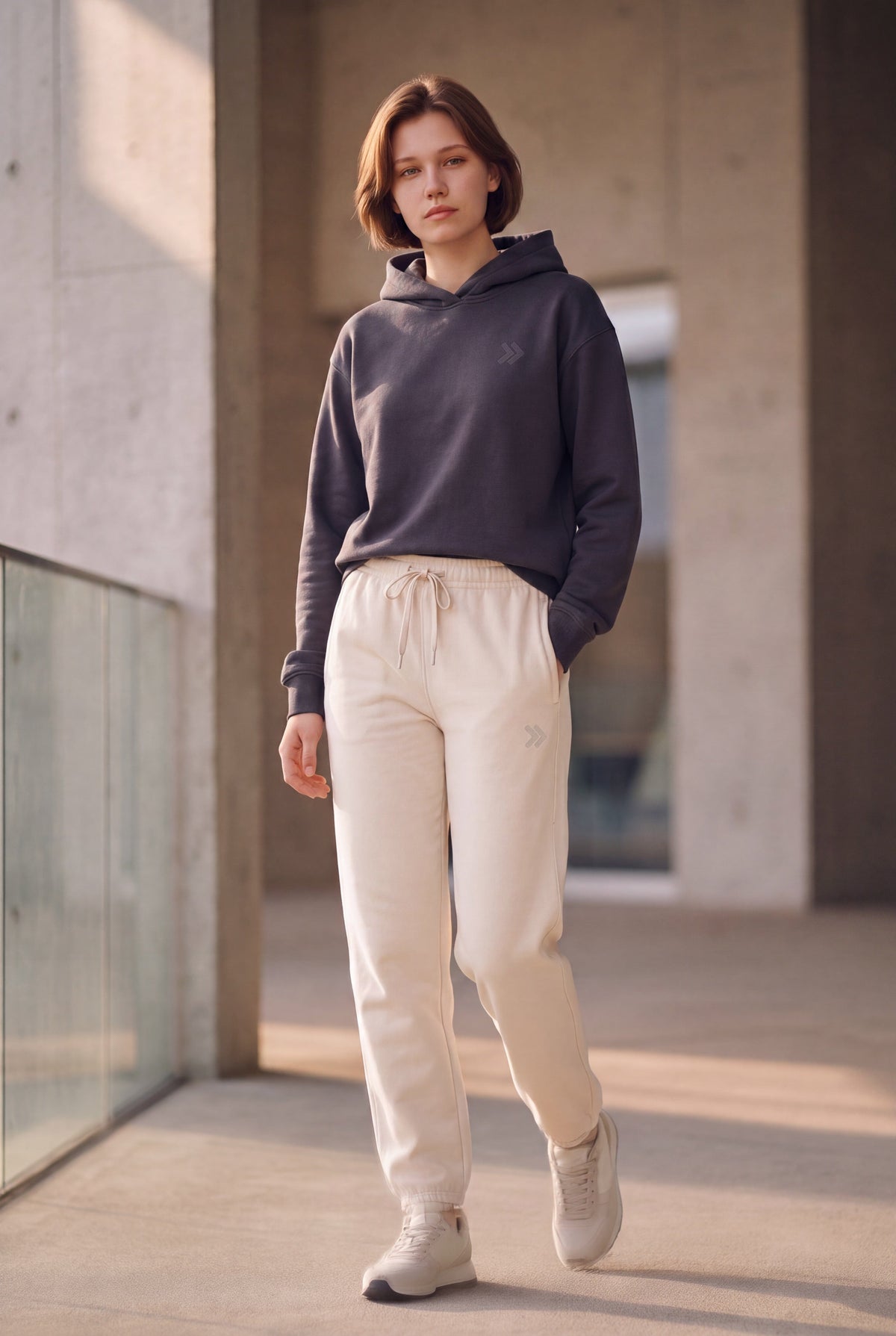 A woman wearing MOVE sport apparel cream French terry joggers with a drawstring waist and ribbed cuffs in a studio.