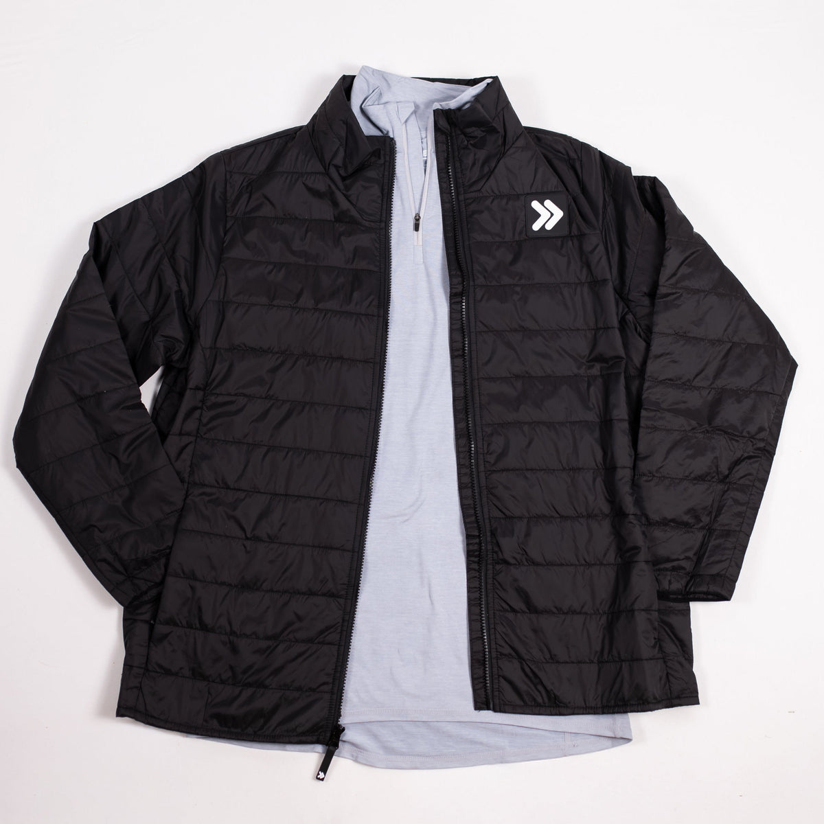 MOVE sport apparel men's black lightweight quilted down jacket with a stand-up collar and white logo patch