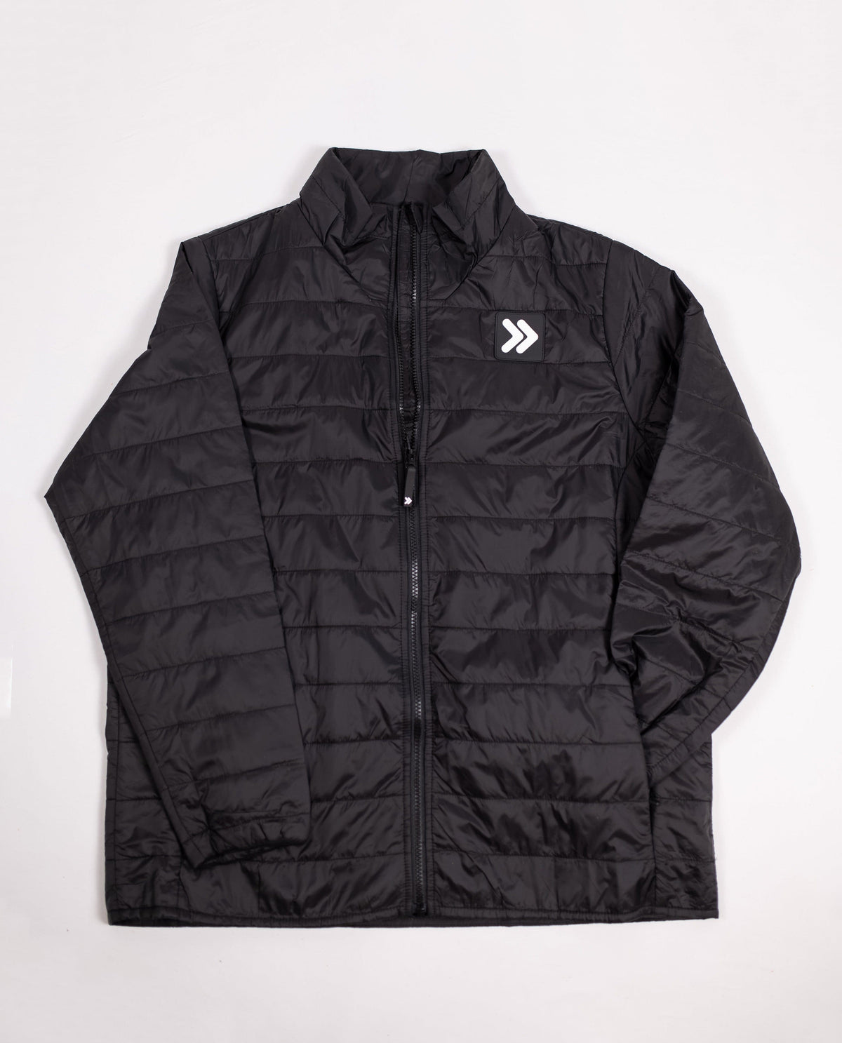 MOVE sport apparel men's black lightweight quilted down jacket with a stand-up collar and front zipper closure.