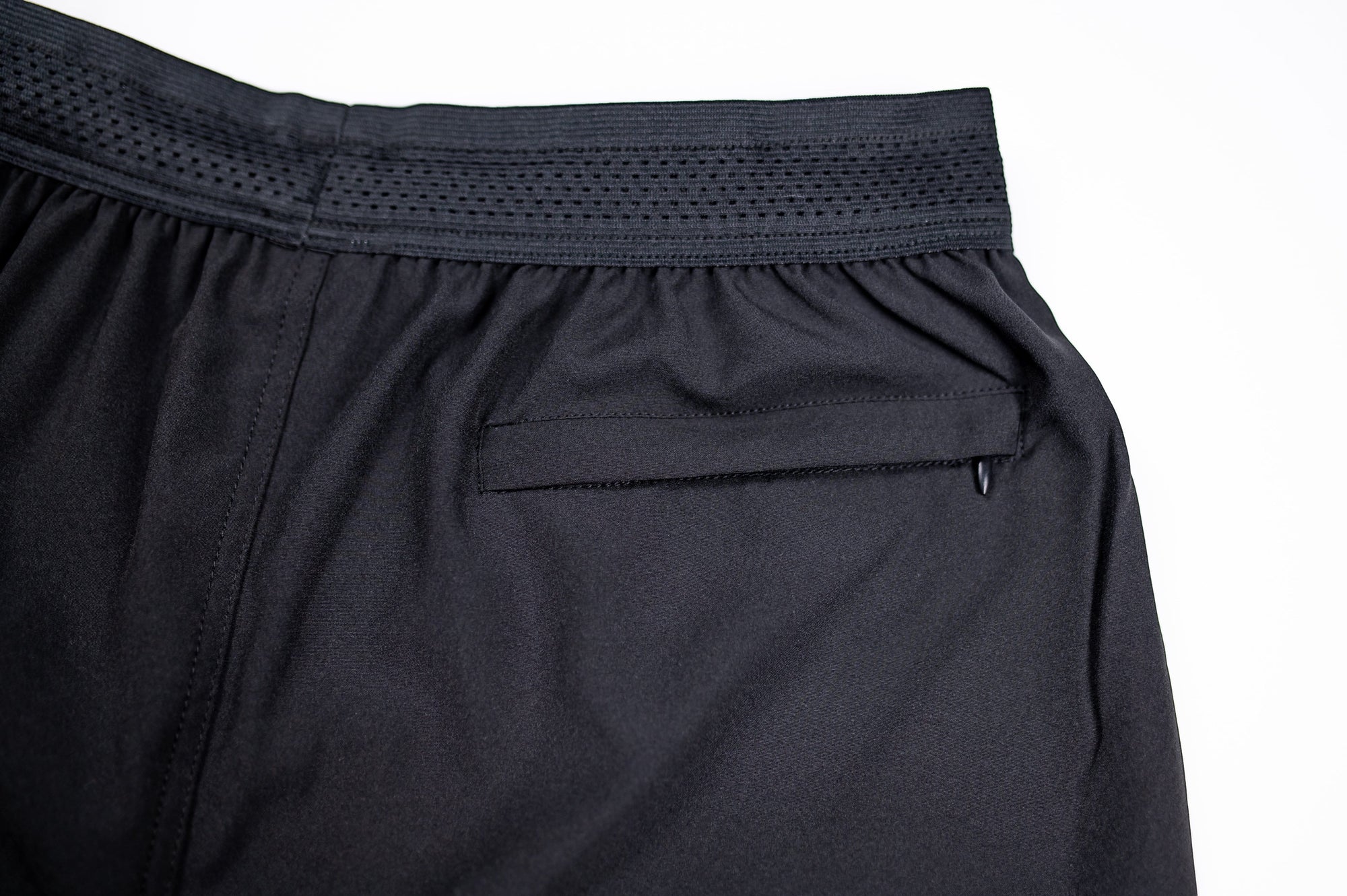 MOVE sport apparel black men's running shorts featuring a breathable waistband and a secure zippered back pocket.