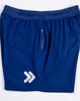 MOVE sport apparel men's blue running shorts with a breathable waistband, zippered pocket, and white logo detail.