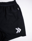 MOVE sport apparel black men's running shorts featuring a breathable waistband, zippered pocket, and reflective logo.