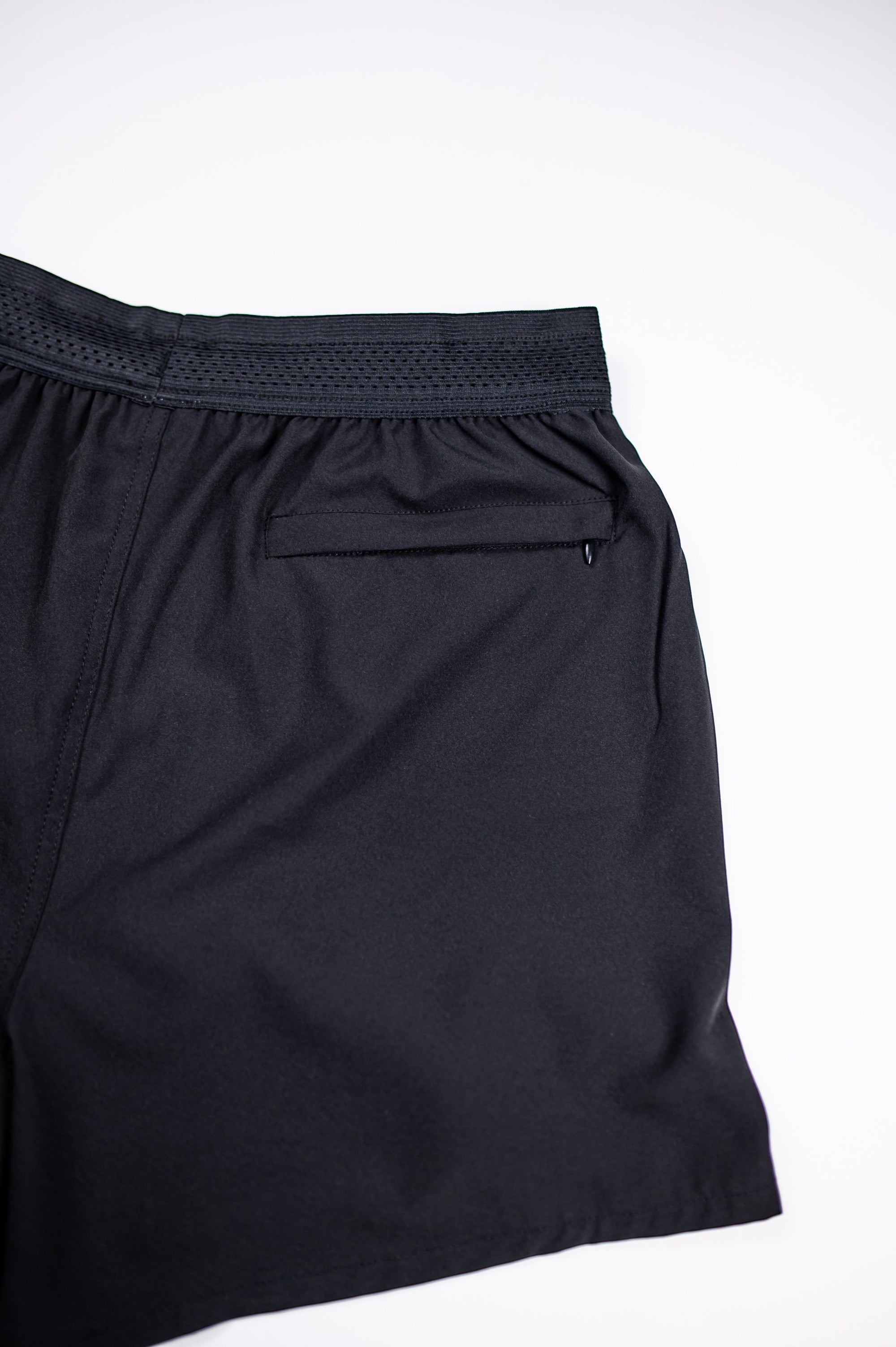 MOVE sport apparel black men's running shorts featuring a breathable waistband and a secure zippered back pocket.