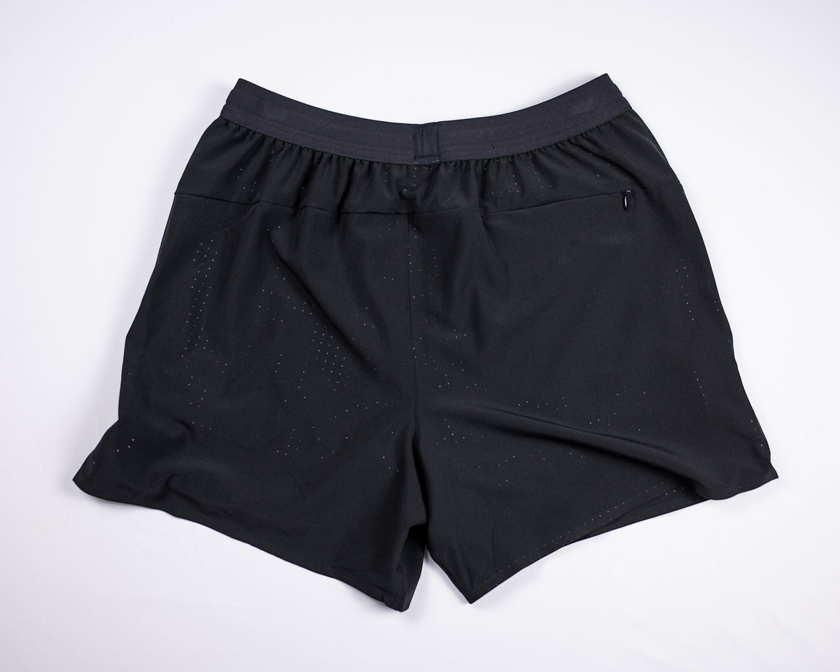 MOVE sport apparel black men's running shorts with a breathable waistband, zippered pocket, and 5-inch inseam.