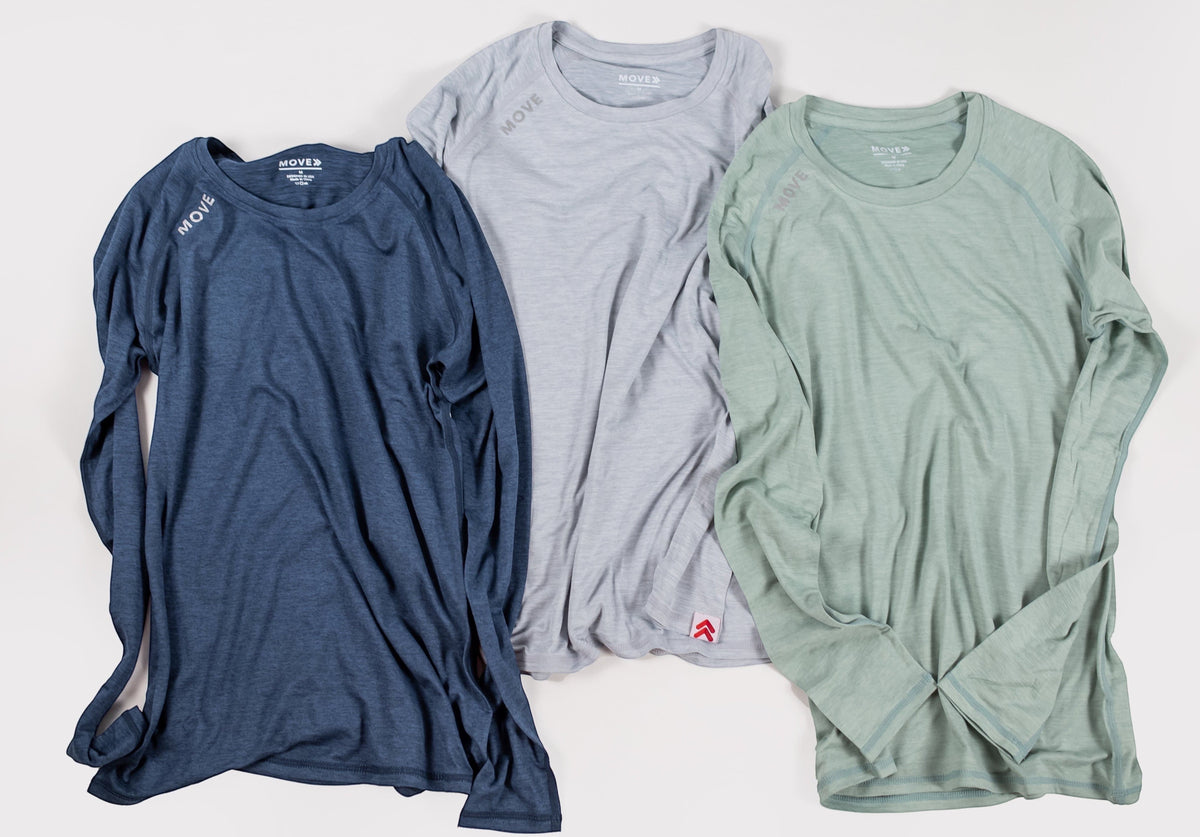 MOVE sport apparel Women's Essential long sleeve shirts in blue, grey, and sage green with subtle logo detailing.